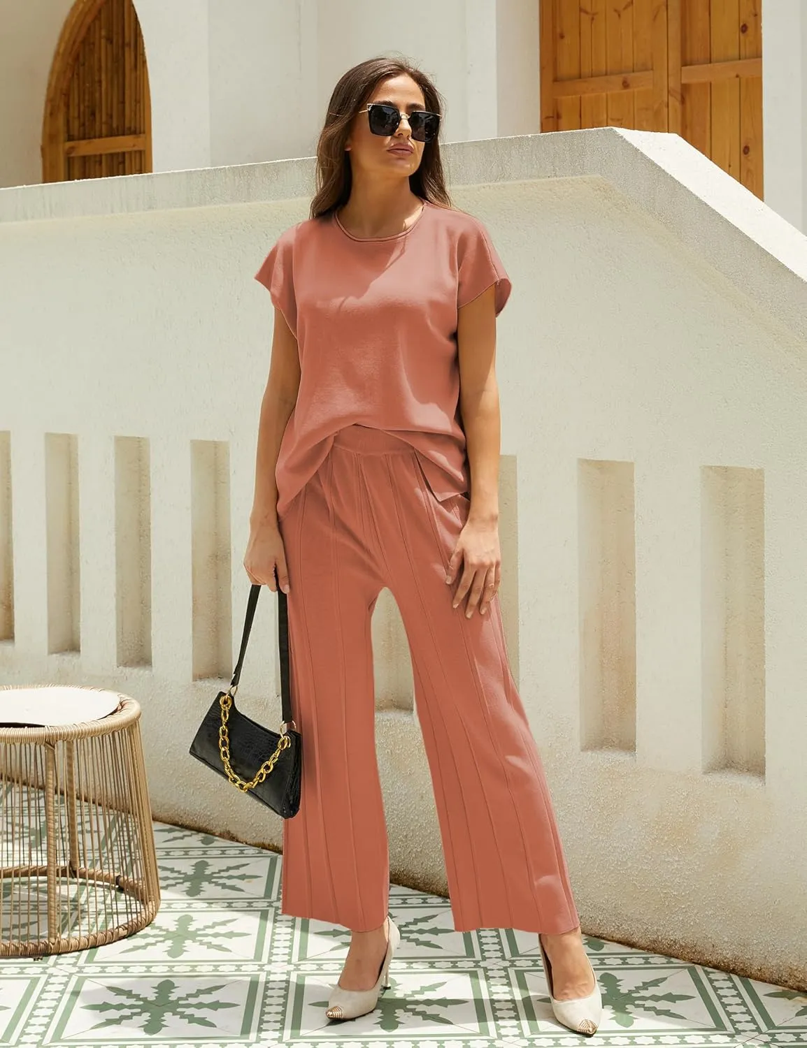 2 Piece Outfits for Women Sweater Sets Knit Vest Tops Elastic Waisted Pants