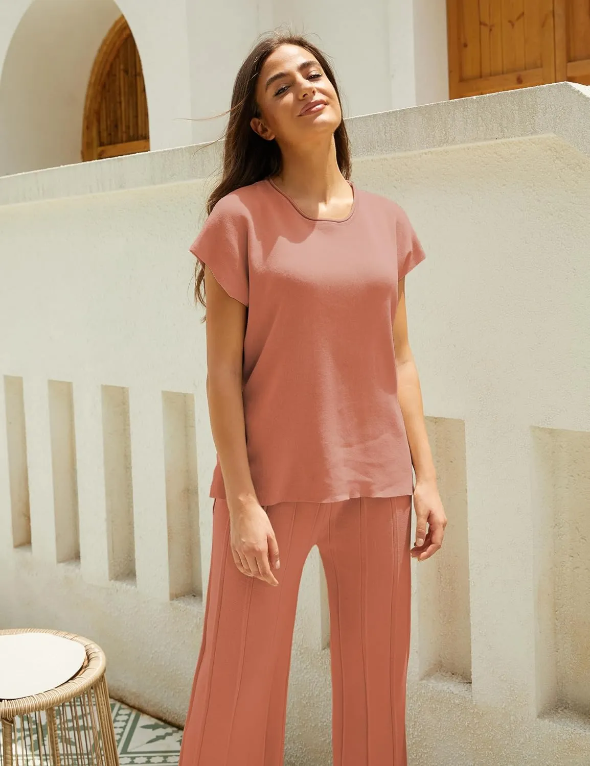 2 Piece Outfits for Women Sweater Sets Knit Vest Tops Elastic Waisted Pants
