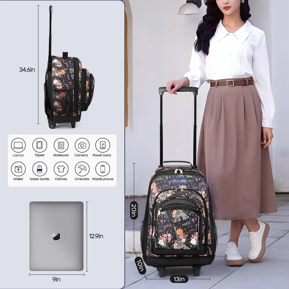 20'' Rolling Backpacks for Man/Women Travel Backpack with Wheels Trolley Suitcase Wheeled Bag Laptop Backpack#Floral