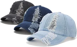 3 Pack Baseball Cap Vintage Distressed Ripped Denim Low Profile Unstructured Cotton Dad Hat Adjustable for Women Men (Black, Dark Blue, Light Blue)