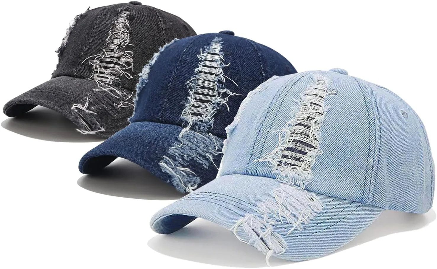 3 Pack Baseball Cap Vintage Distressed Ripped Denim Low Profile Unstructured Cotton Dad Hat Adjustable for Women Men (Black, Dark Blue, Light Blue)