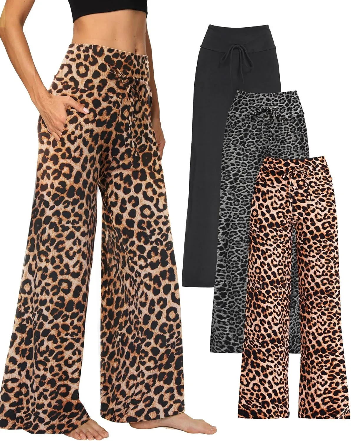 3 Pack Wide Leg Yoga Pants for Women, Comfy Lounge Pajama Sweatpants Loose Causal Palazzo with Pockets