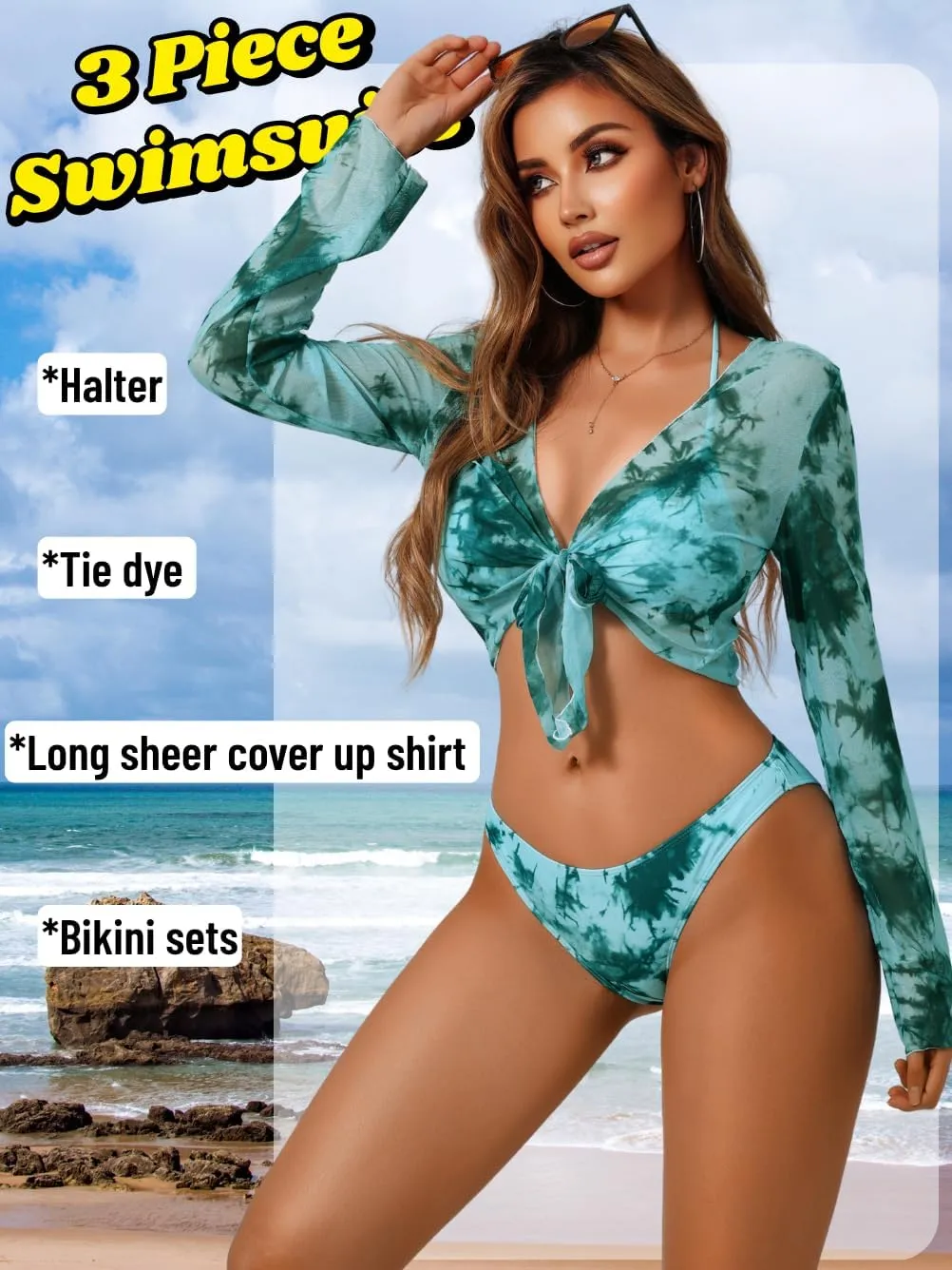 3 Piece Swimsuits,Tie Dye Bikini Sets for Women with Cover Up,Sexy Cheeky Bikinis Beach Vacation