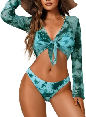 3 Piece Swimsuits,Tie Dye Bikini Sets for Women with Cover Up,Sexy Cheeky Bikinis Beach Vacation