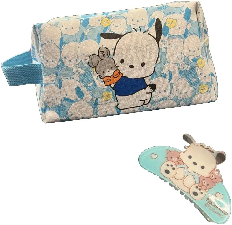 4 Piece Self Care Set Makeup Bag Kawaii Anime Cute Cosmetic Travel with Headband Wristband Hair Clips Beauty Cartoon (Blacchacco - 2 PC)