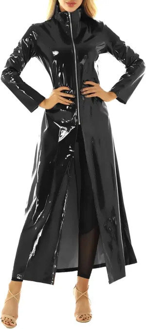 Adult PVC Leather Turtleneck Long Trench Coat Jacket Zipper Front Cosplay Costume
