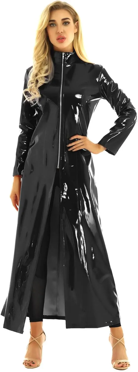 Adult PVC Leather Turtleneck Long Trench Coat Jacket Zipper Front Cosplay Costume