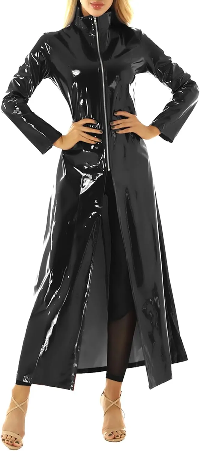 Adult PVC Leather Turtleneck Long Trench Coat Jacket Zipper Front Cosplay Costume