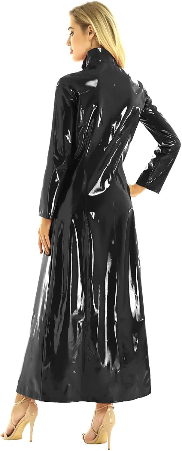 Adult PVC Leather Turtleneck Long Trench Coat Jacket Zipper Front Cosplay Costume