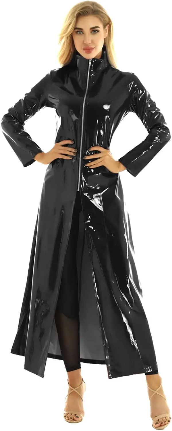 Adult PVC Leather Turtleneck Long Trench Coat Jacket Zipper Front Cosplay Costume
