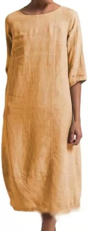 Akivide Women Cotton Linen Half Sleeve Midi Dress Crewneck Summer Casual Loose Flowy Beach Dress