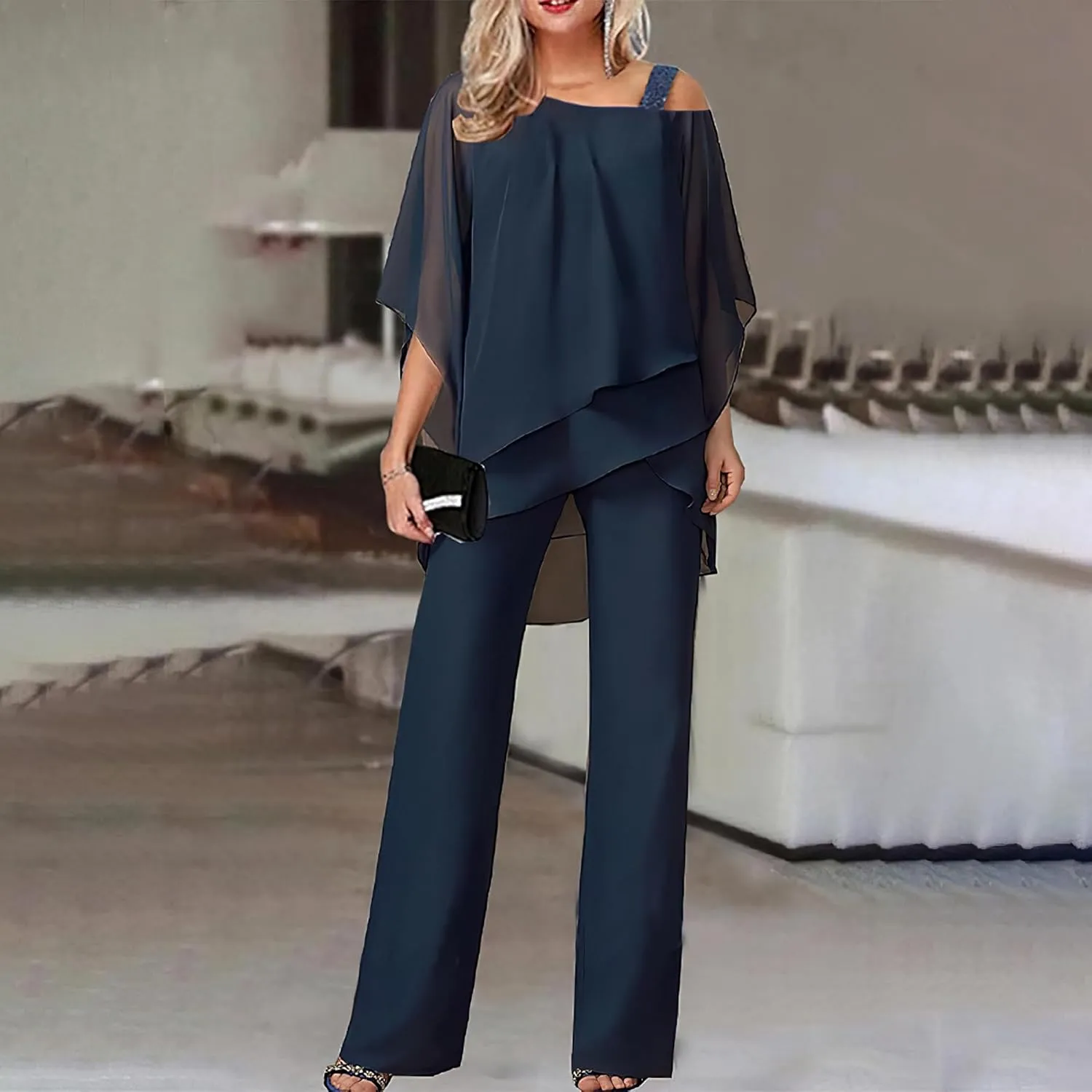 Akivide Women's Casual 2 Piece Outfits Dressy Pant Suits for a Wedding 2024 Fall Trendy Irregular Chiffon Wide Leg Pant Sets