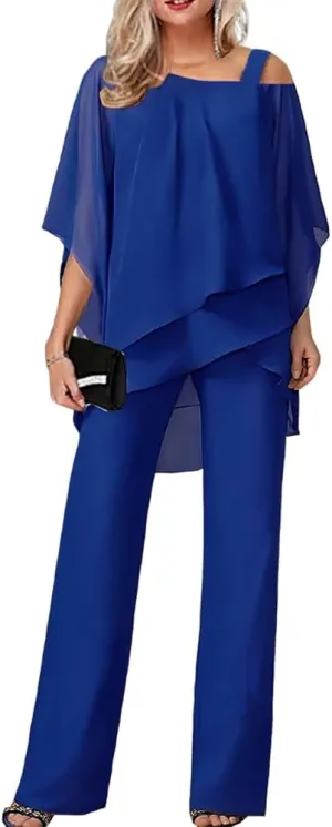 Akivide Women's Casual 2 Piece Outfits Dressy Pant Suits for a Wedding 2024 Fall Trendy Irregular Chiffon Wide Leg Pant Sets