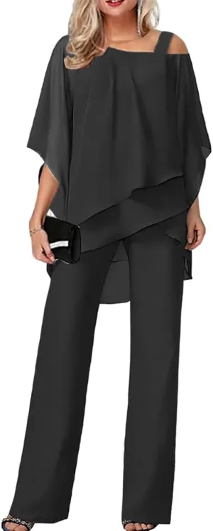 Akivide Women's Casual 2 Piece Outfits Dressy Pant Suits for a Wedding 2024 Fall Trendy Irregular Chiffon Wide Leg Pant Sets