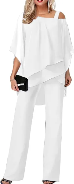 Akivide Women's Casual 2 Piece Outfits Dressy Pant Suits for a Wedding 2024 Fall Trendy Irregular Chiffon Wide Leg Pant Sets
