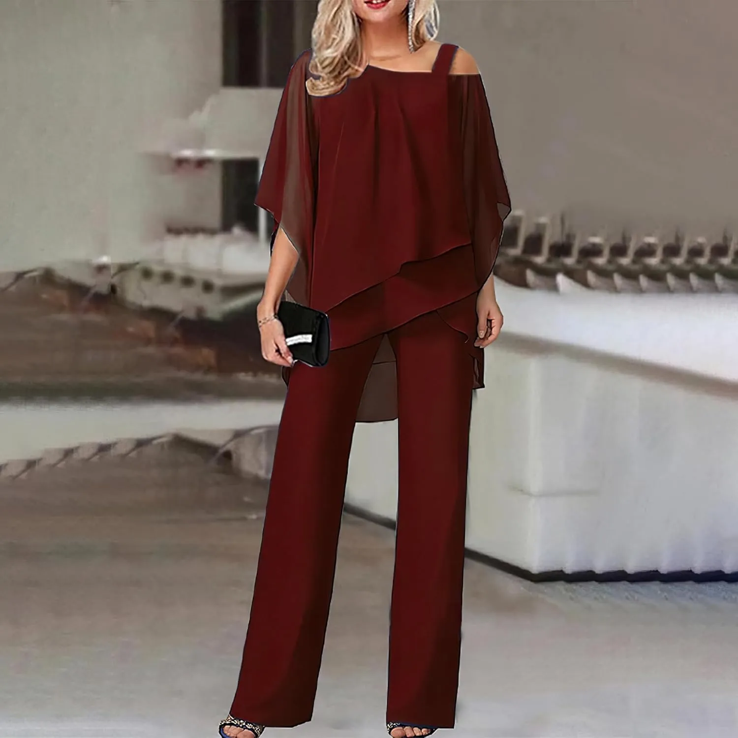Akivide Women's Casual 2 Piece Outfits Dressy Pant Suits for a Wedding 2024 Fall Trendy Irregular Chiffon Wide Leg Pant Sets