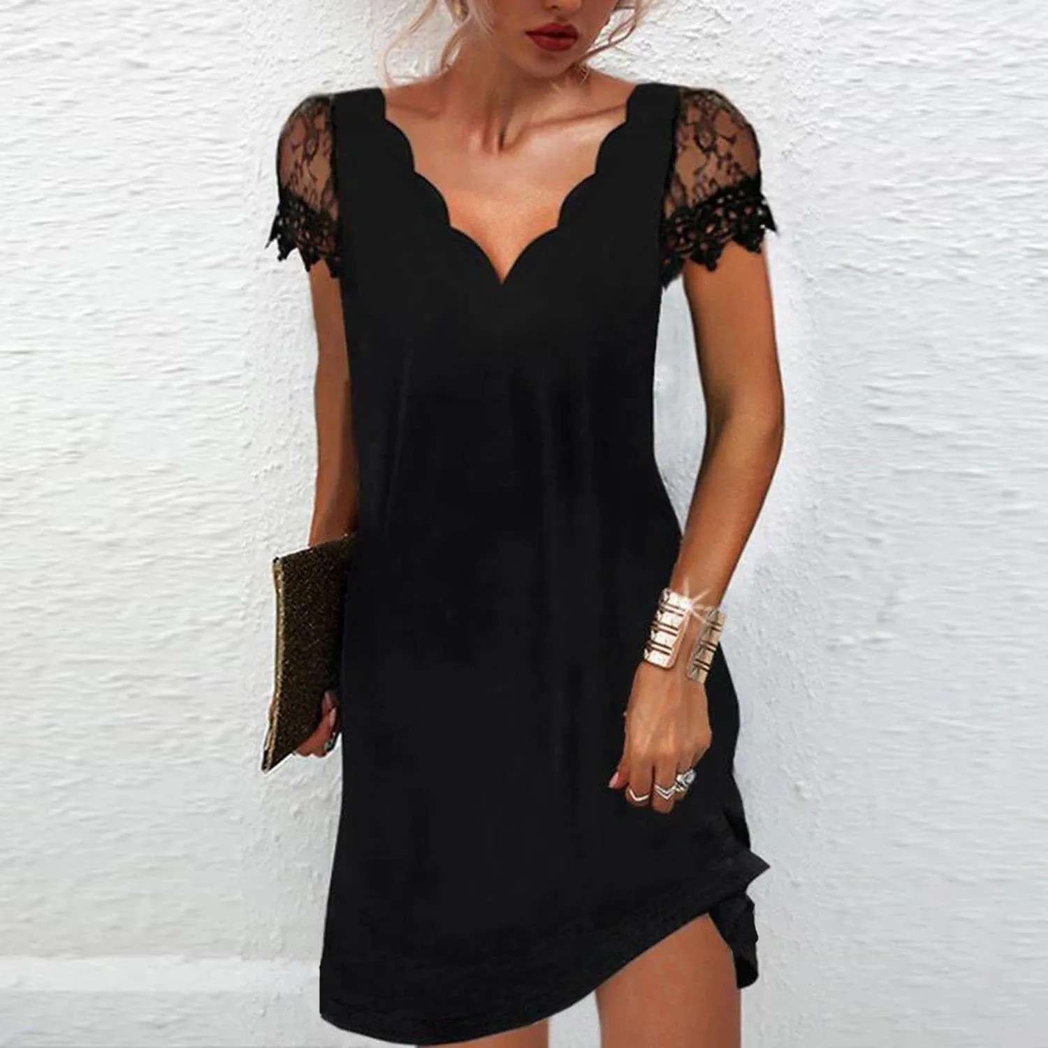 Akivide Women's Elegant Floral Lace Short Sleeve Mini Dress Summer Casual V Neck Tshirt Short Sundress Black