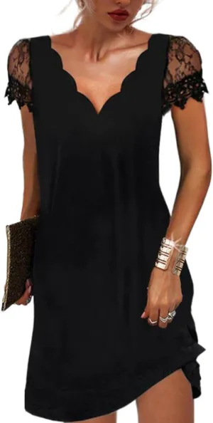 Akivide Women's Elegant Floral Lace Short Sleeve Mini Dress Summer Casual V Neck Tshirt Short Sundress Black