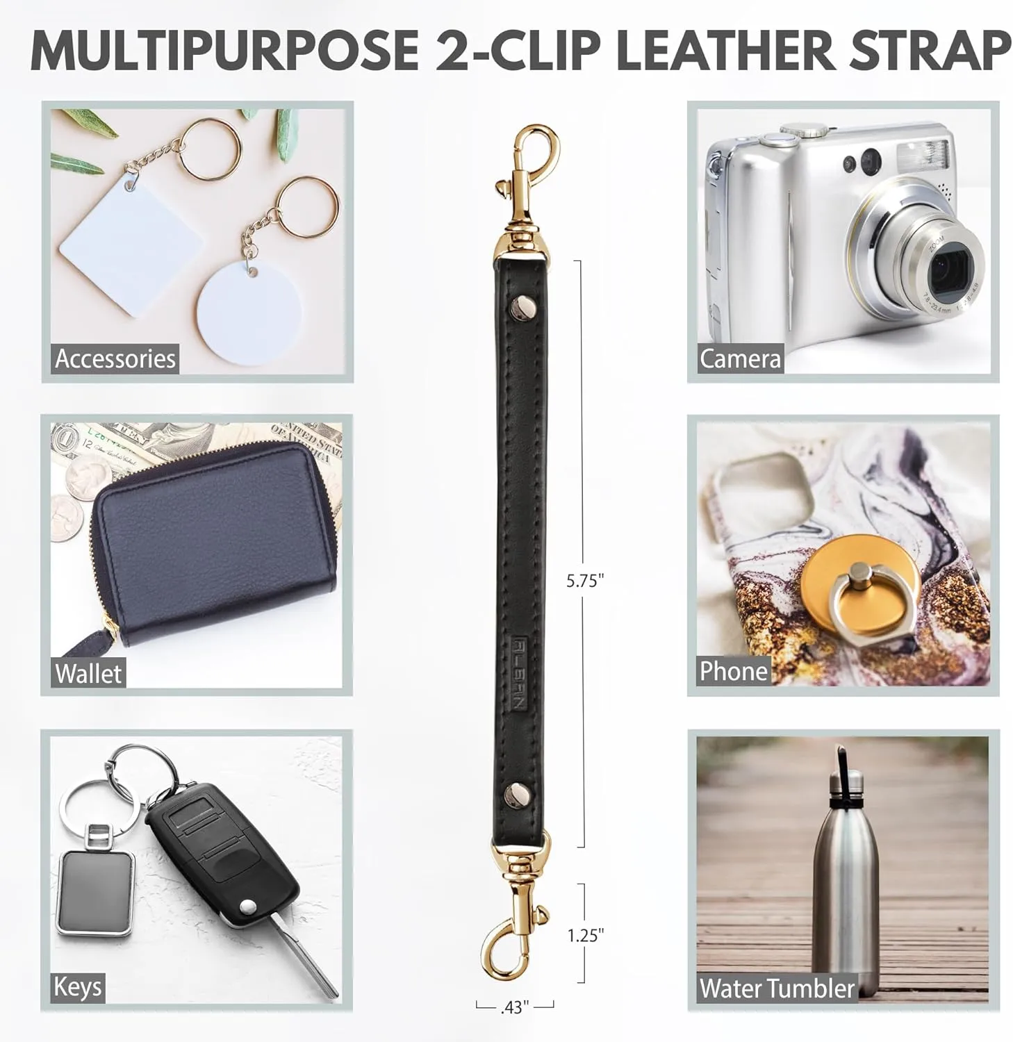 Alban Leather 2-Clip Strap for Wallet, Clutch, Wristlet Purse, Keys, Keychain for Women and Men