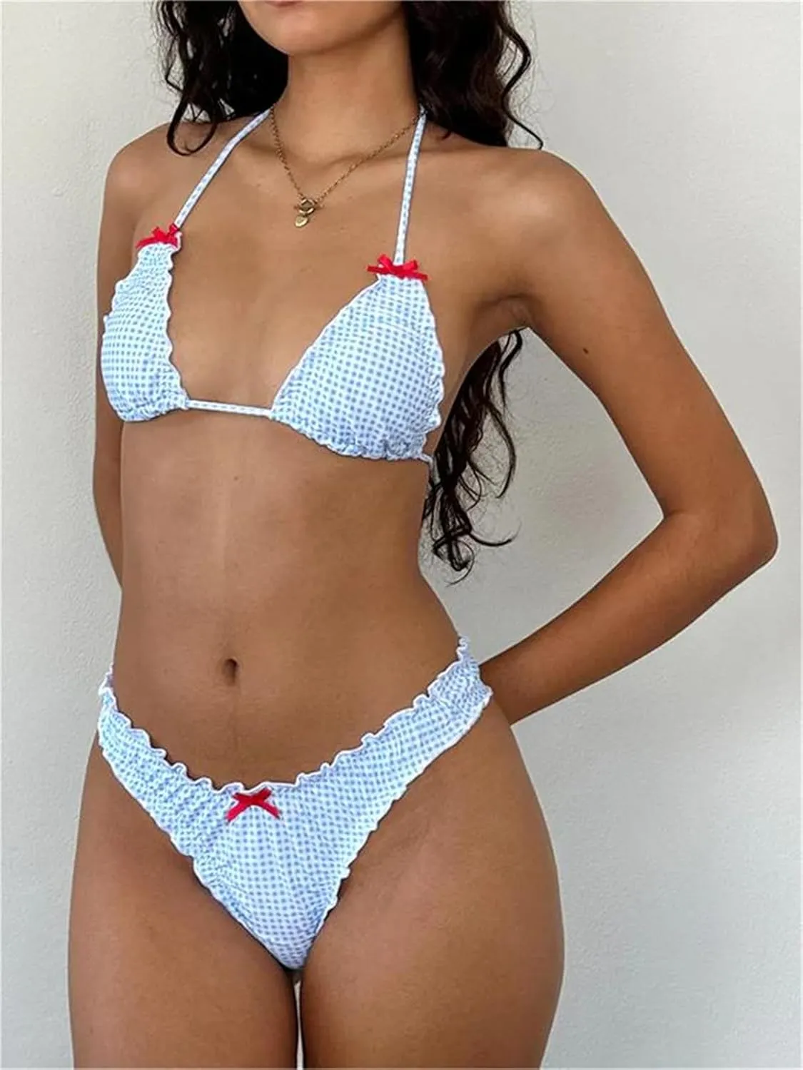 Alyweatry Women Y2k Bikinis Sets Coquette Aesthetic Bows Halter Tie Up Bikini Top High Cut Elastic Waist Bikini Bottom