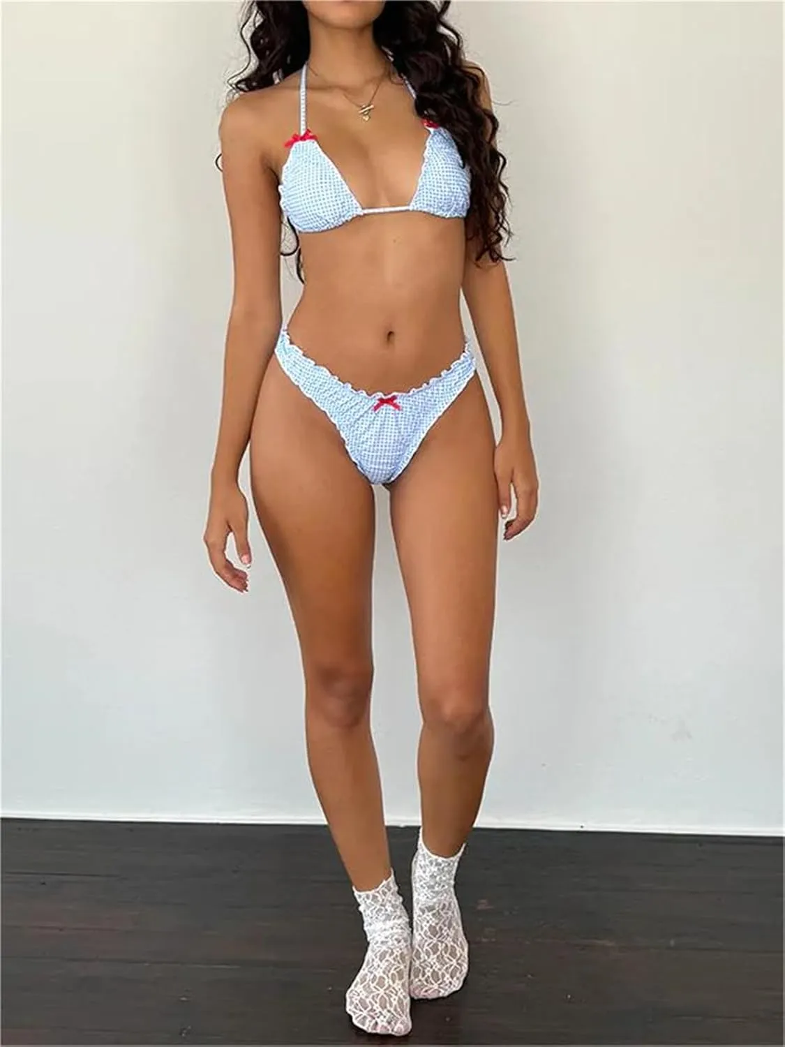 Alyweatry Women Y2k Bikinis Sets Coquette Aesthetic Bows Halter Tie Up Bikini Top High Cut Elastic Waist Bikini Bottom
