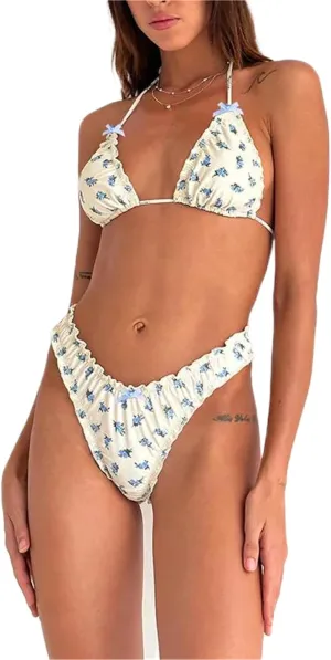Alyweatry Women Y2k Bikinis Sets Coquette Aesthetic Bows Halter Tie Up Bikini Top High Cut Elastic Waist Bikini Bottom