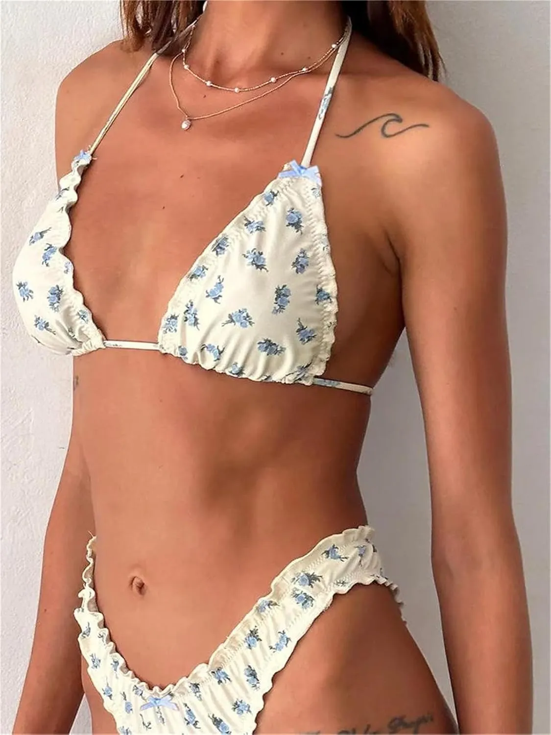 Alyweatry Women Y2k Bikinis Sets Coquette Aesthetic Bows Halter Tie Up Bikini Top High Cut Elastic Waist Bikini Bottom