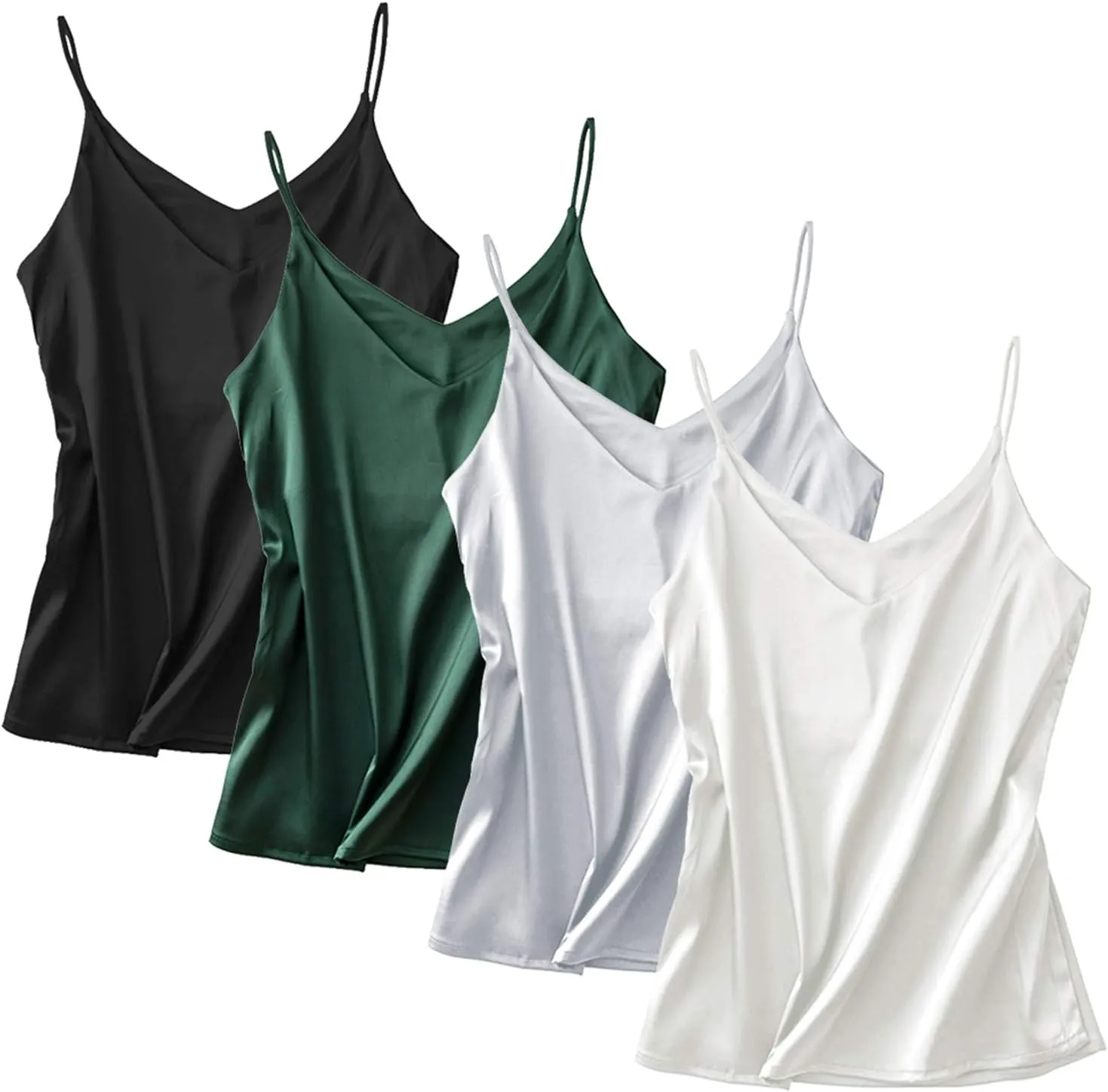 Anbenser Silk Tank Tops for Women Satin Camisoles V Neck Spaghetti Strap Cami Sleeveless Blouses 4 Pack