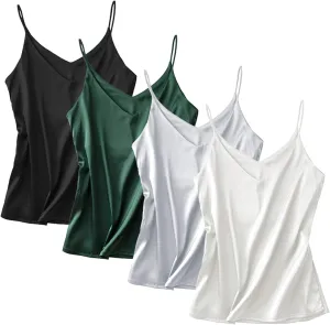 Anbenser Silk Tank Tops for Women Satin Camisoles V Neck Spaghetti Strap Cami Sleeveless Blouses 4 Pack