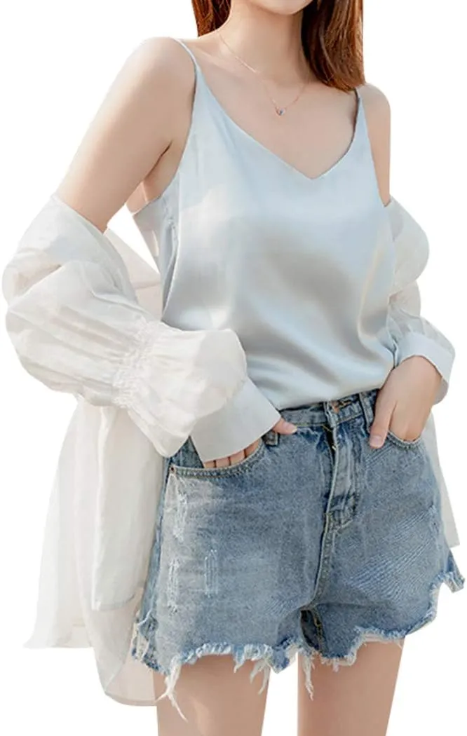 Anbenser Silk Tank Tops for Women Satin Camisoles V Neck Spaghetti Strap Cami Sleeveless Blouses 4 Pack