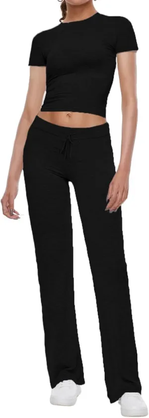 AnotherChill Women's 2 Piece Lounge Sets Straight Leg Pants Set Short Sleeve Crop T-shirt Casual Outfits Comfy Loungewear
