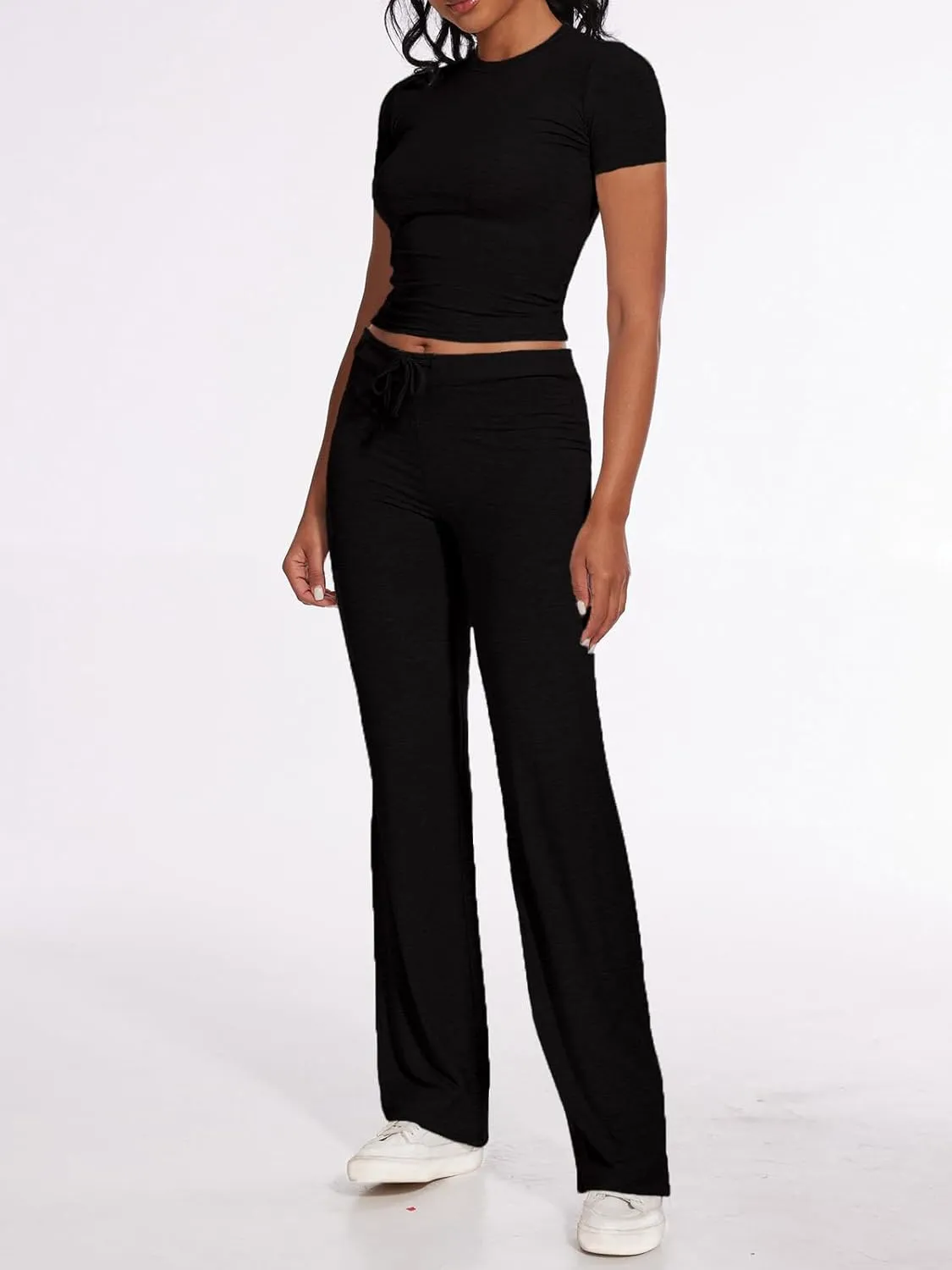 AnotherChill Women's 2 Piece Lounge Sets Straight Leg Pants Set Short Sleeve Crop T-shirt Casual Outfits Comfy Loungewear
