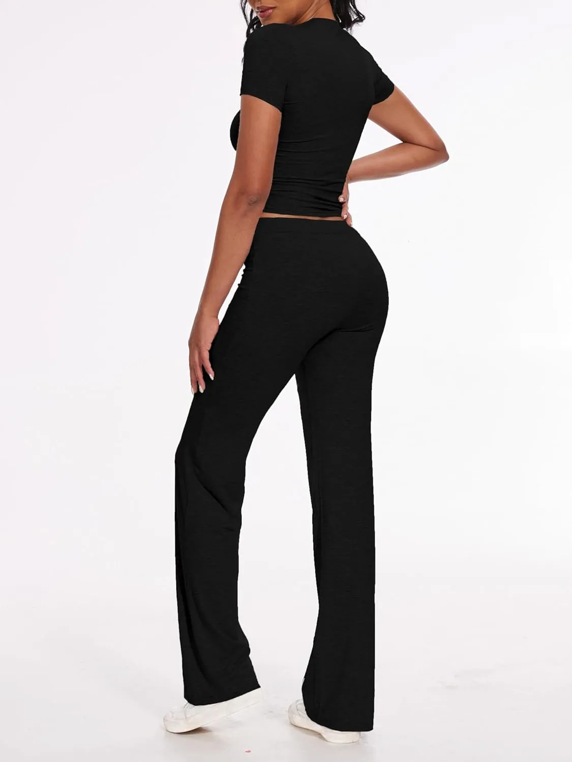 AnotherChill Women's 2 Piece Lounge Sets Straight Leg Pants Set Short Sleeve Crop T-shirt Casual Outfits Comfy Loungewear
