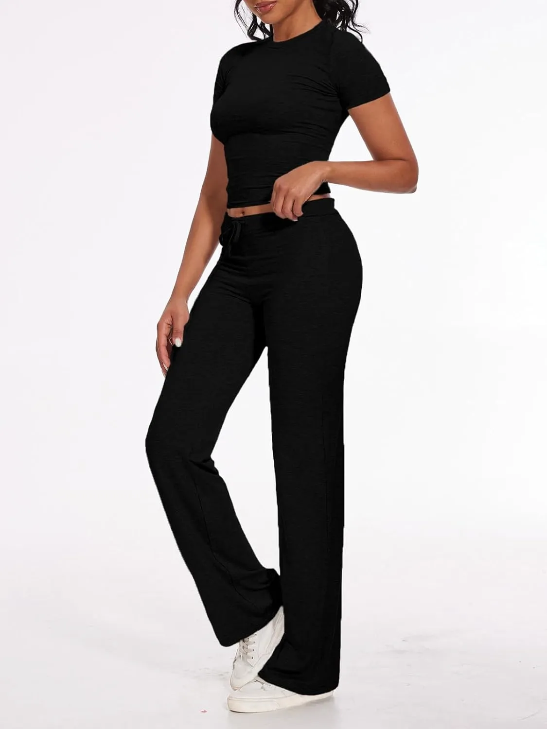 AnotherChill Women's 2 Piece Lounge Sets Straight Leg Pants Set Short Sleeve Crop T-shirt Casual Outfits Comfy Loungewear