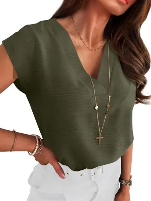 ANRABESS Women Tops Cap Sleeve Textured Dressy Casual V Neck Shirts 2025 Summer Business Work Blouses Outfits