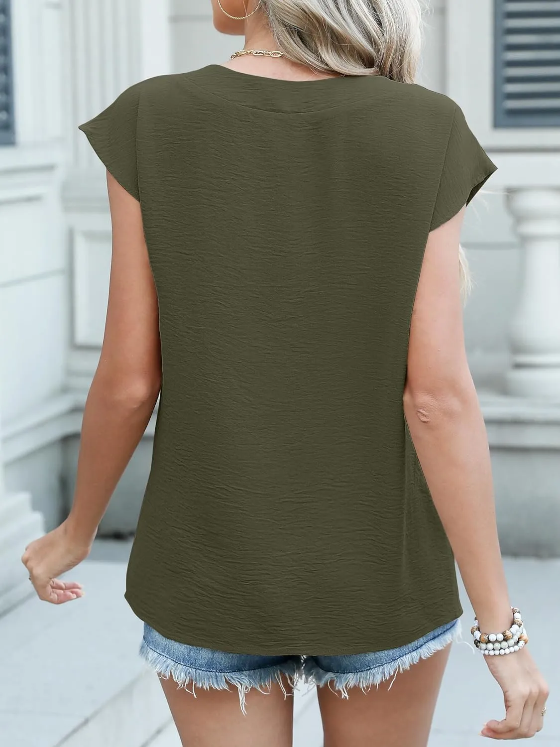 ANRABESS Women Tops Cap Sleeve Textured Dressy Casual V Neck Shirts 2025 Summer Business Work Blouses Outfits
