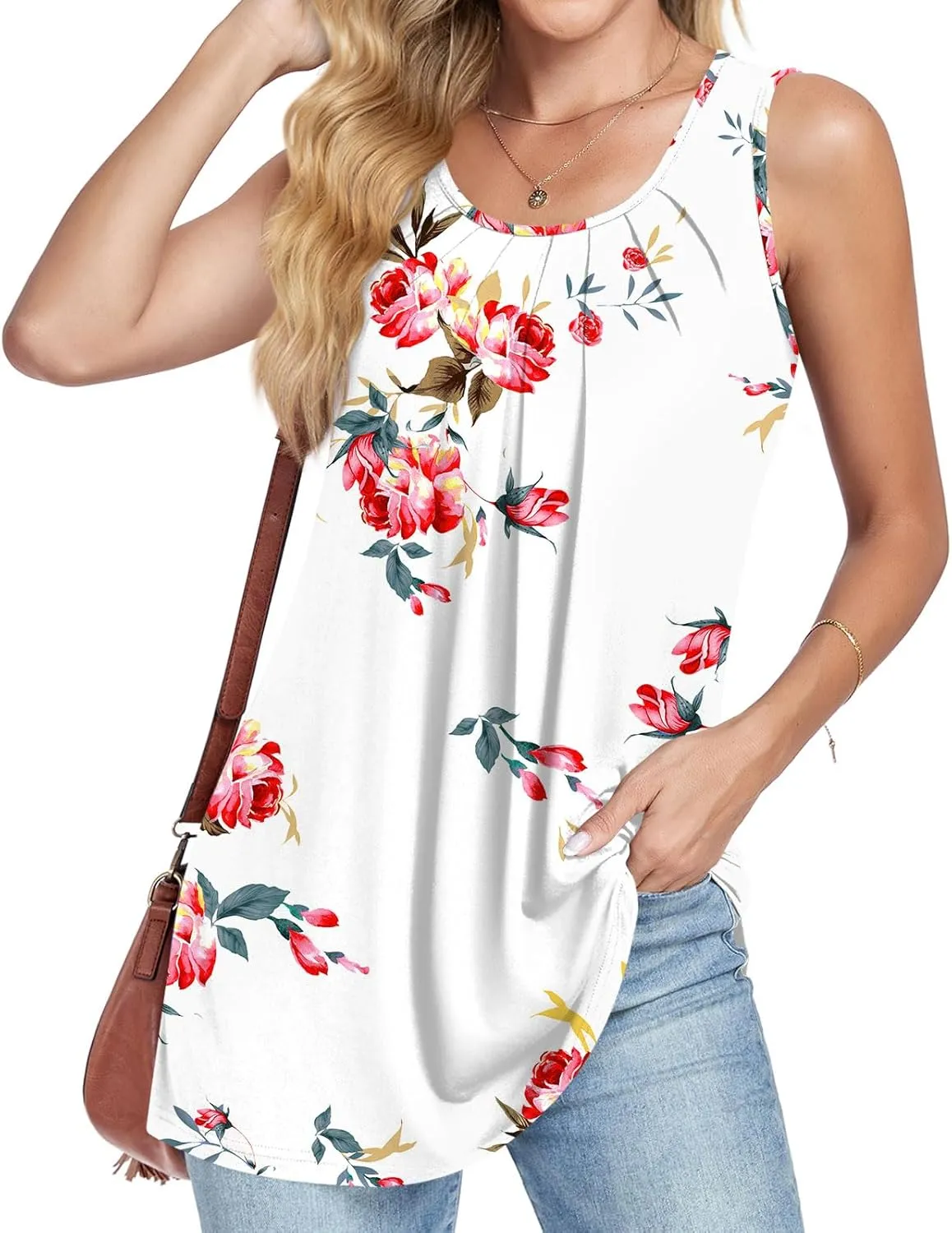 Anymeet Womens Tank Tops 2025 Spring Sleeveless Tunic Casual Basic Tshirts with Leggings Loose Pleated Blouses