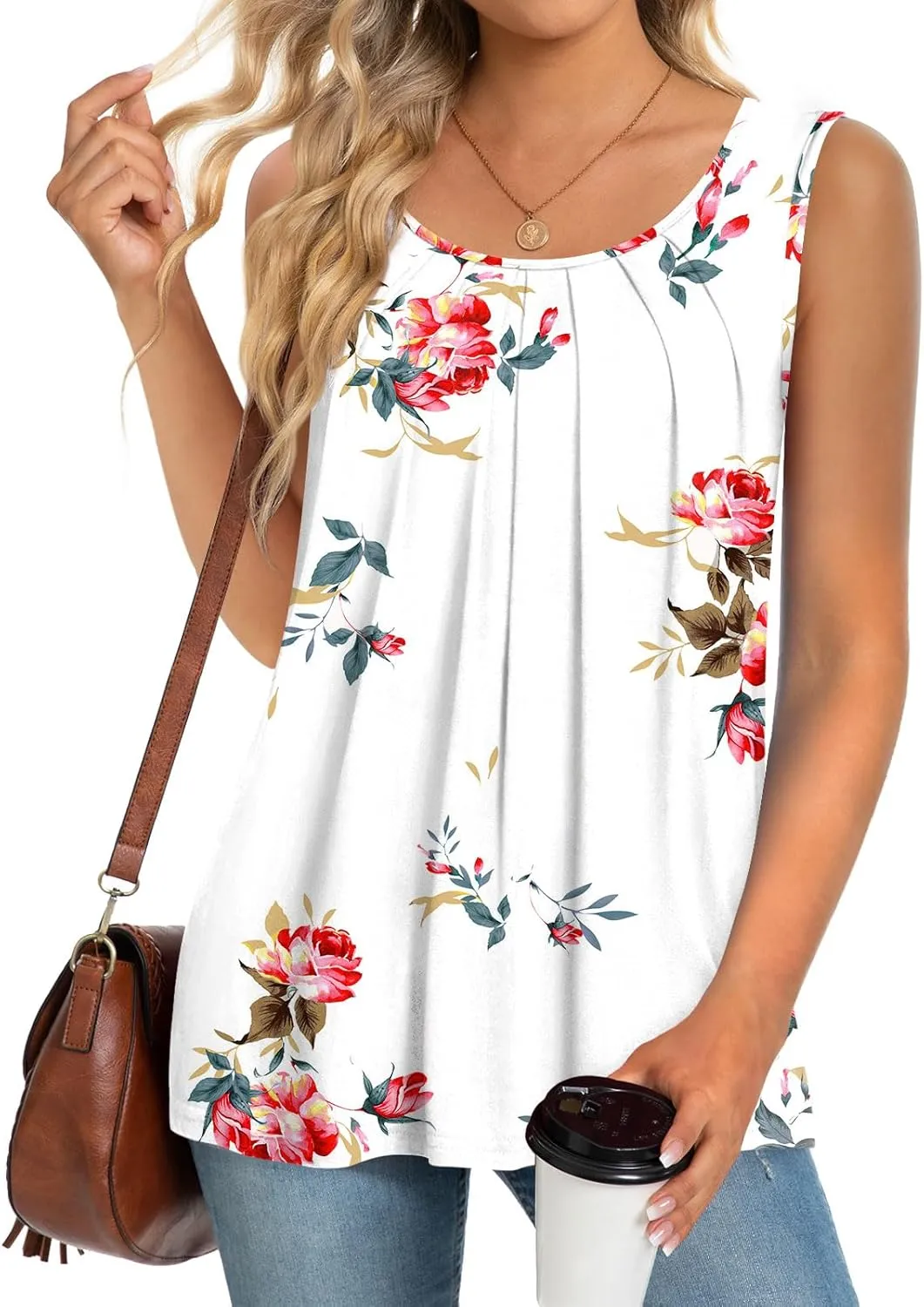 Anymeet Womens Tank Tops 2025 Spring Sleeveless Tunic Casual Basic Tshirts with Leggings Loose Pleated Blouses