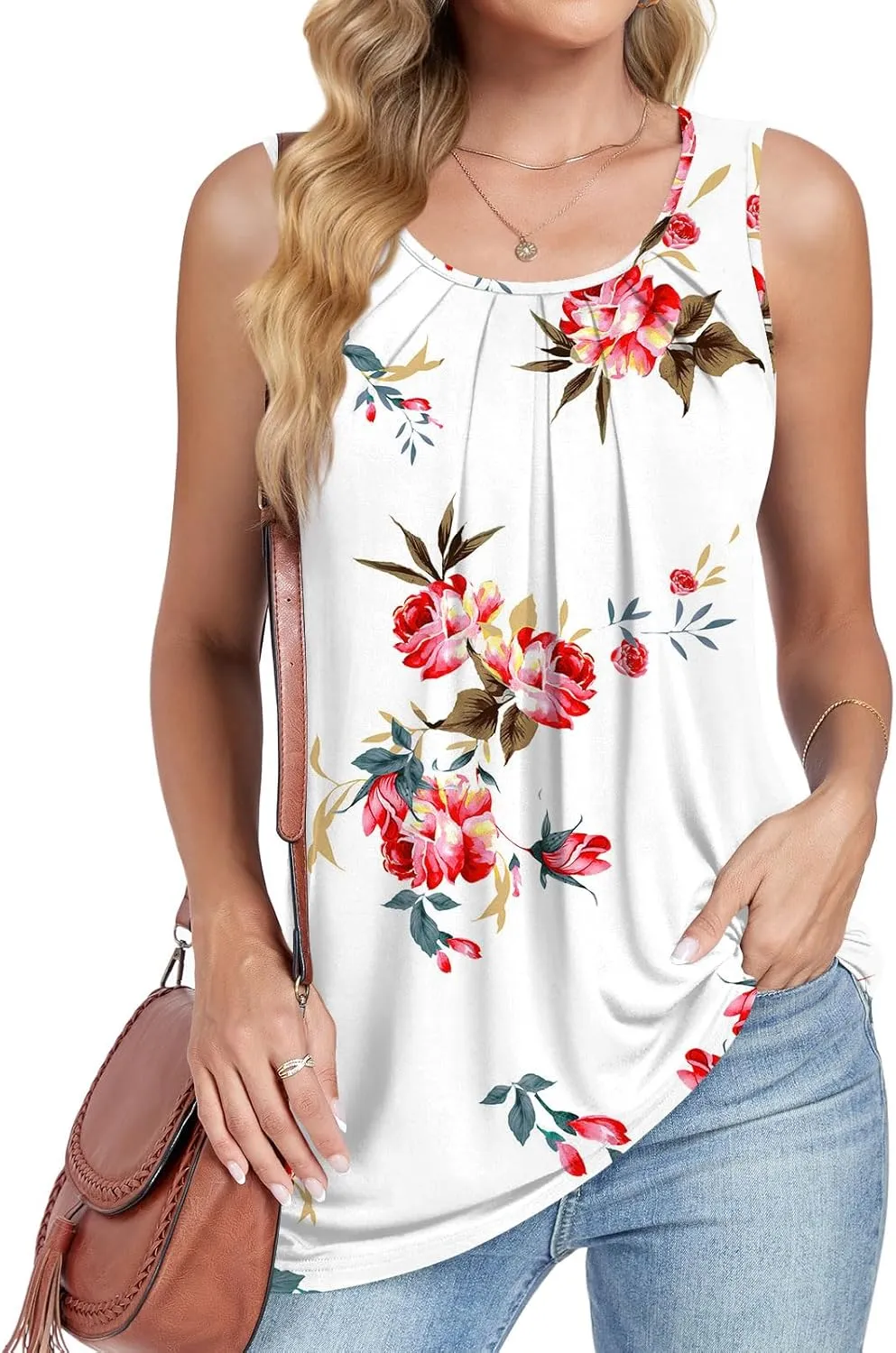 Anymeet Womens Tank Tops 2025 Spring Sleeveless Tunic Casual Basic Tshirts with Leggings Loose Pleated Blouses