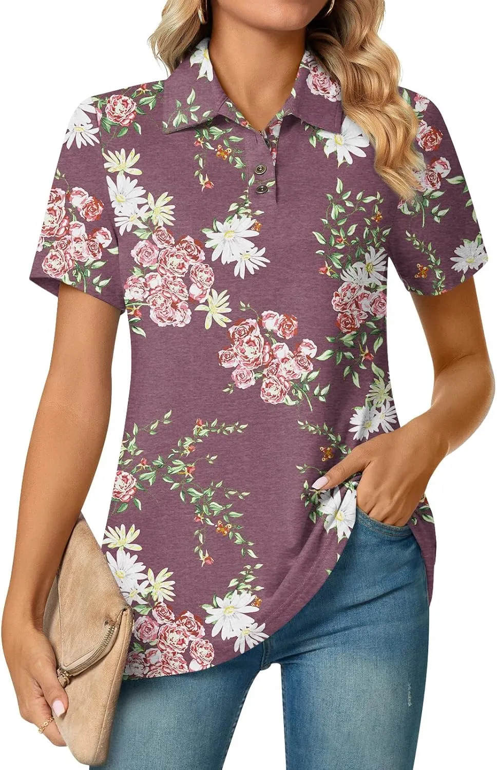 Aodemo Women's Summer Polo Shirts Dressy Button Up Collared Tunic Short Sleeve Work Tops V Neck Loose Blouses