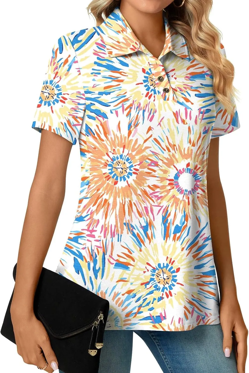 Aodemo Women's Summer Polo Shirts Dressy Button Up Collared Tunic Short Sleeve Work Tops V Neck Loose Blouses