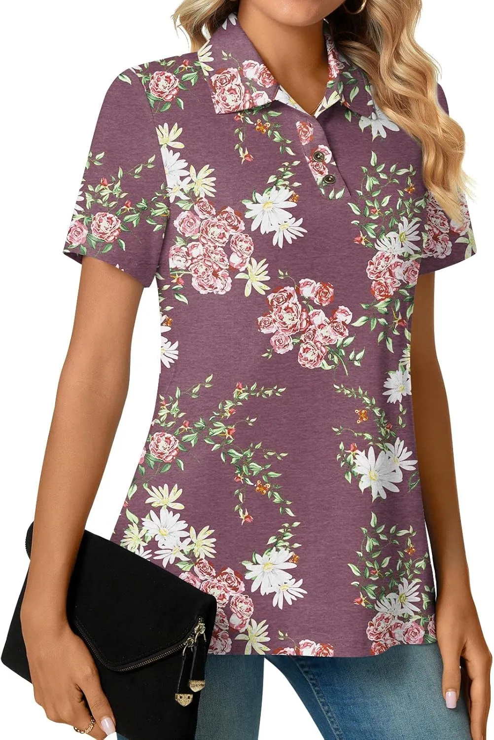 Aodemo Women's Summer Polo Shirts Dressy Button Up Collared Tunic Short Sleeve Work Tops V Neck Loose Blouses