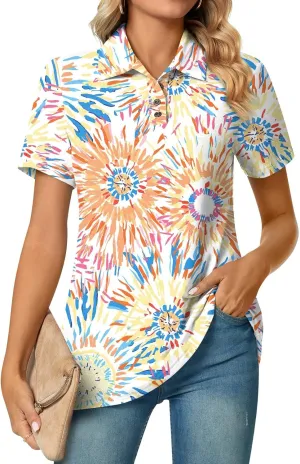 Aodemo Women's Summer Polo Shirts Dressy Button Up Collared Tunic Short Sleeve Work Tops V Neck Loose Blouses