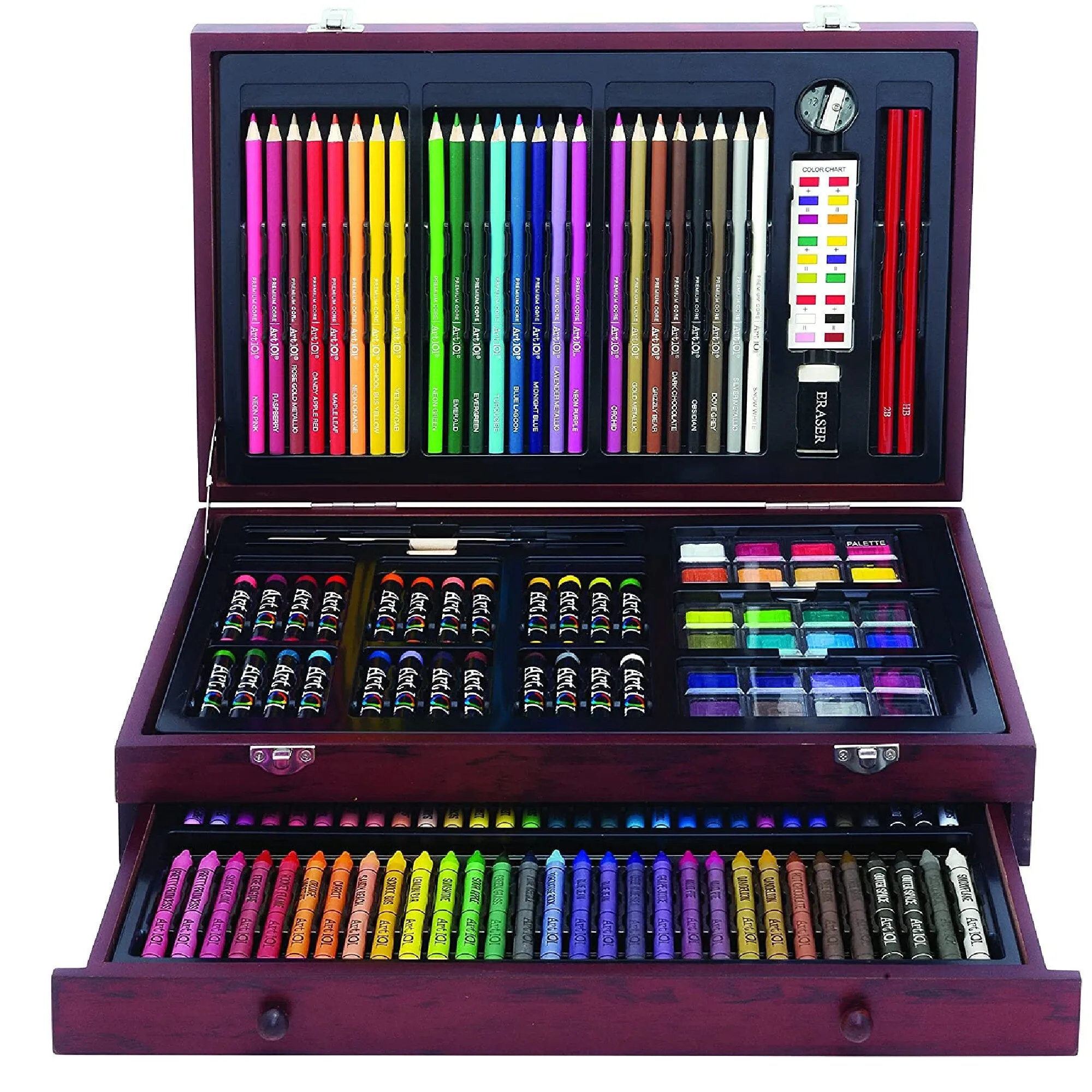 Art 101 Doodle and Color 142 Piece Art Set In A Wooden Case | Includes 24 Premium Colored Pencils to the Portable Art Studio
