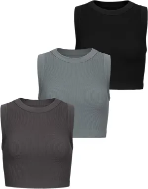 AUROLA Essentials Rib Seamless Sleeveless Tank for Women Subtle Logo Round Neck Active Workout Crop Tops