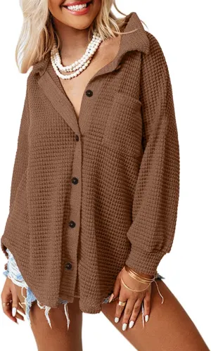 Beaully Womens Waffle Knit Long Sleeve Button Down Shirts Casual Lightweight Shacket Dressy Blouses Tops