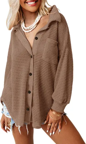 Beaully Womens Waffle Knit Long Sleeve Button Down Shirts Casual Lightweight Shacket Dressy Blouses Tops