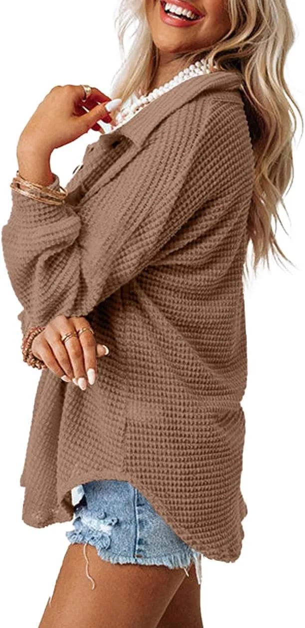 Beaully Womens Waffle Knit Long Sleeve Button Down Shirts Casual Lightweight Shacket Dressy Blouses Tops