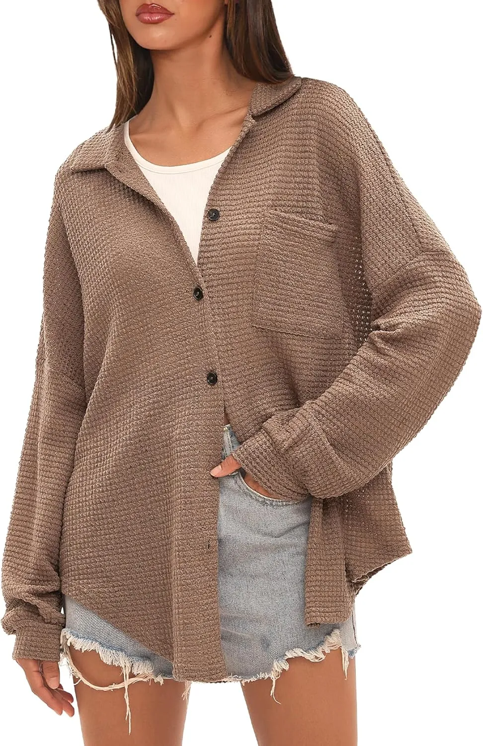Beaully Womens Waffle Knit Long Sleeve Button Down Shirts Casual Lightweight Shacket Dressy Blouses Tops
