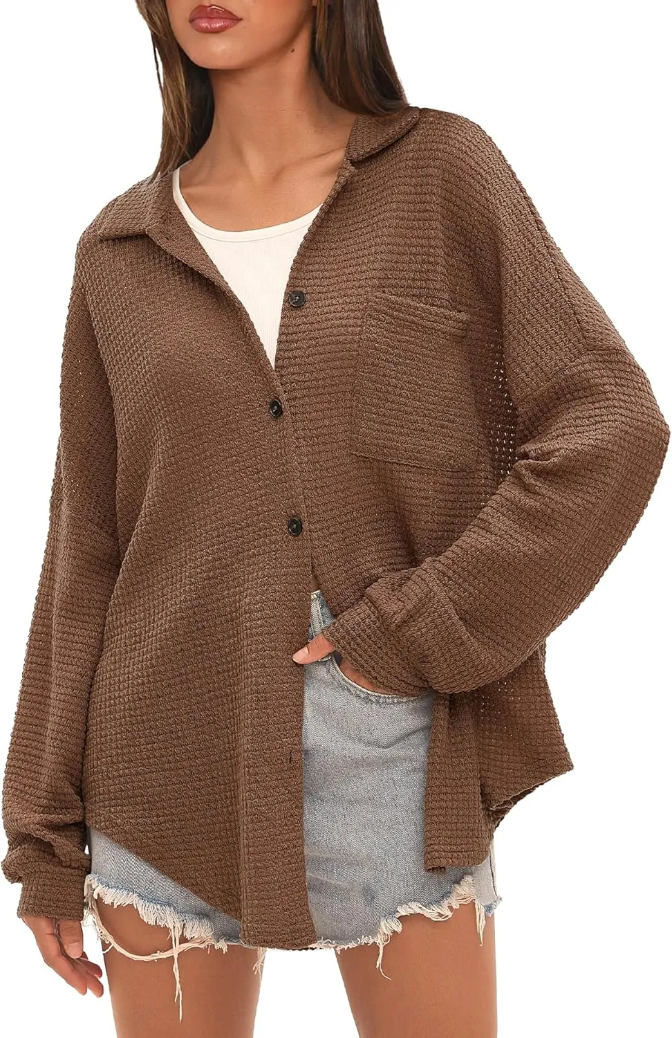 Beaully Womens Waffle Knit Long Sleeve Button Down Shirts Casual Lightweight Shacket Dressy Blouses Tops